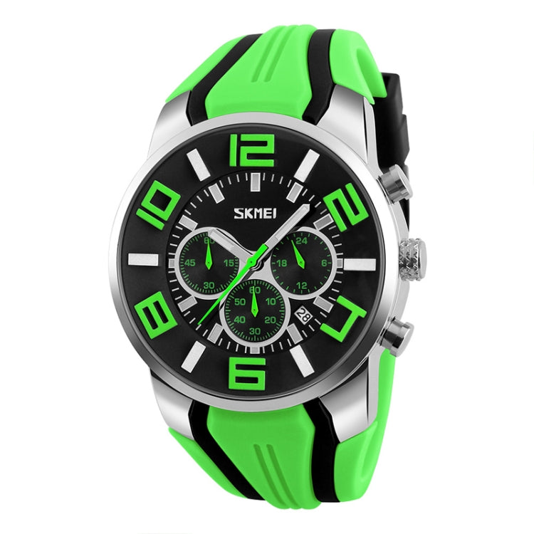 SKMEI chronograph-style wristwatch, black dial with green accents and silicone sports band