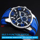 Blue and black sports wristwatch with 3D multi-dial face and silicone strap