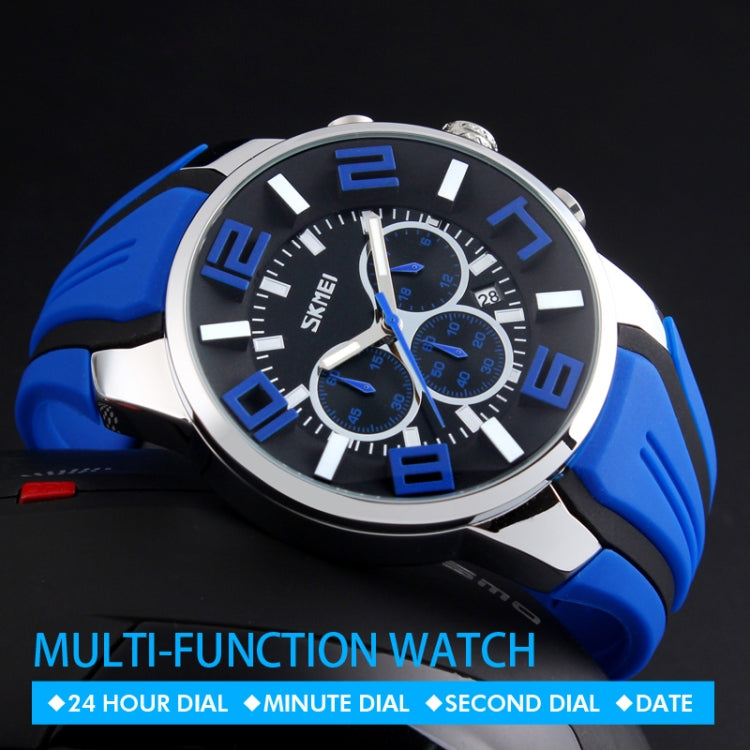 Blue and black sports wristwatch with 3D multi-dial face and silicone strap