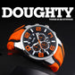 Orange and black sports wristwatch with 3D multi-dial face and silicone strap