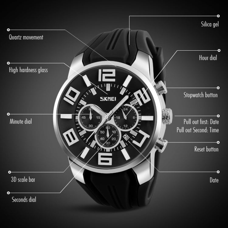 SKMEI sports wristwatch with silver bezel, black dial, and black silicone strap