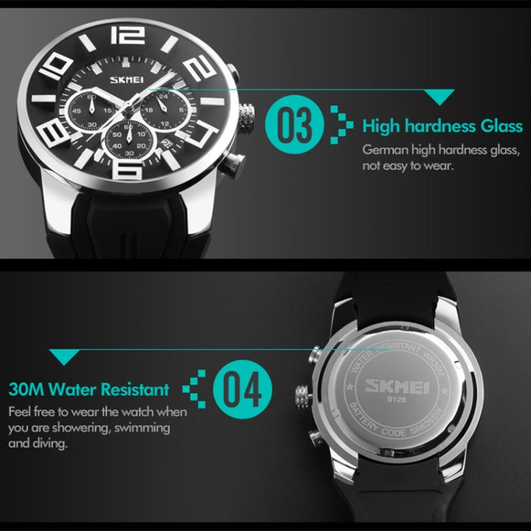 SKMEI multifunction watch with black face, silver bezel, and black rubber strap