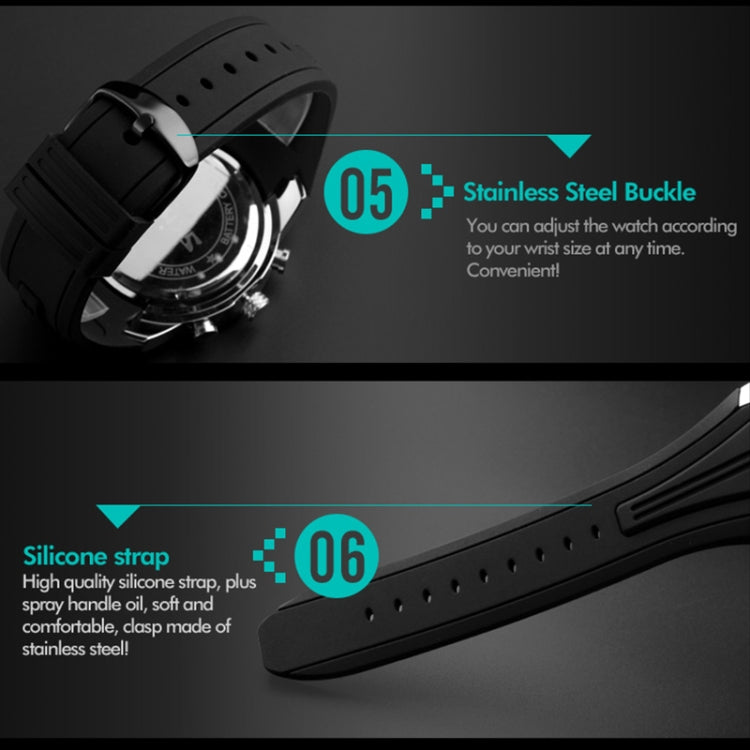 SKMEI watch with black strap and silver back case, close-up of buckle area
