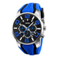 Blue sports wristwatch with 3D multi-dial face, round metal bezel, silicone strap