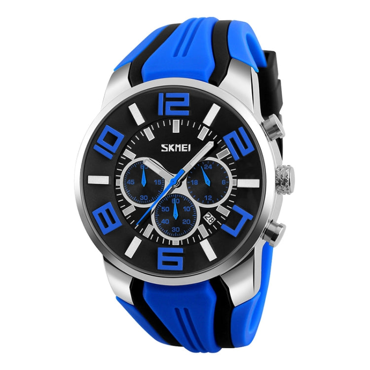 Blue sports wristwatch with 3D multi-dial face, round metal bezel, silicone strap