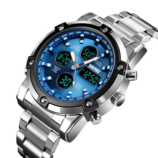 SKMEI blue-dial digital watch with steel bracelet, shown at an angle