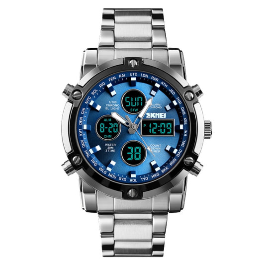 SKMEI digital watch with blue dial, silver-tone steel bracelet and multiple displays