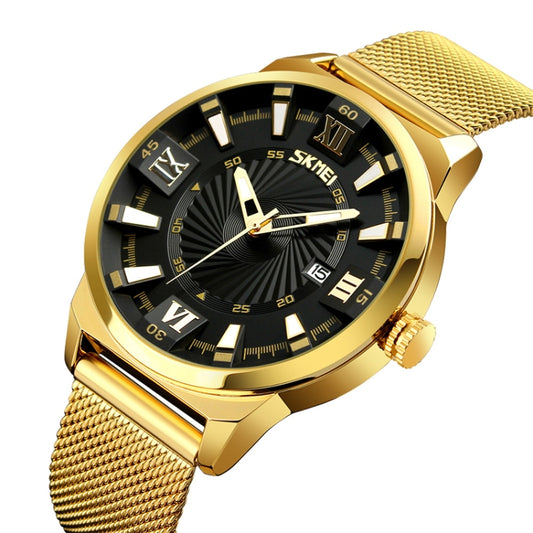 Gold-tone quartz wristwatch with black dial, roman numerals, crown at right, mesh band