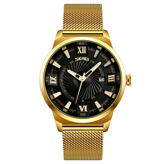 Gold-tone mesh wristwatch with black dial and roman numerals, quartz analog