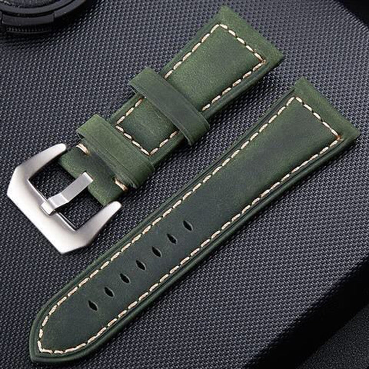 Army green leather watch band with silver-tone buckle and stitched edge detail