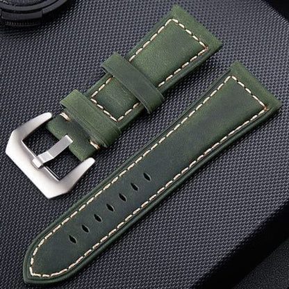 Army green leather watch band with silver-tone buckle and stitched edge detail