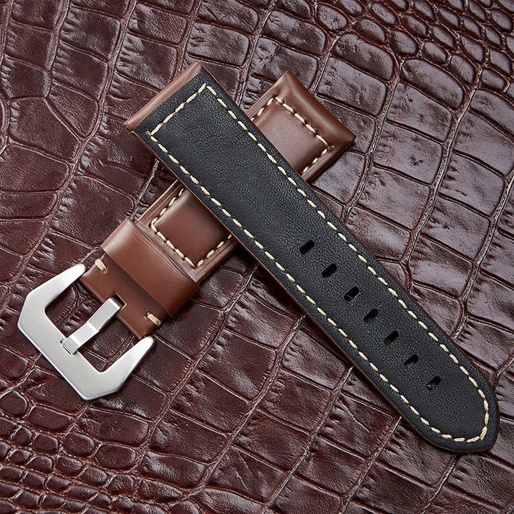 Dark brown leather watch band with silver-tone buckle and contrast stitching