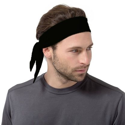 Black sweat-wicking headband with tied tail, unisex stretch bandana style