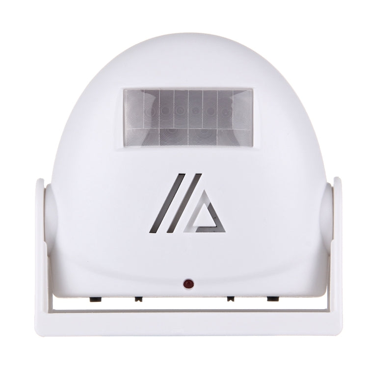 White wireless infrared motion sensor doorbell, front sensor window and warning symbol with red dot