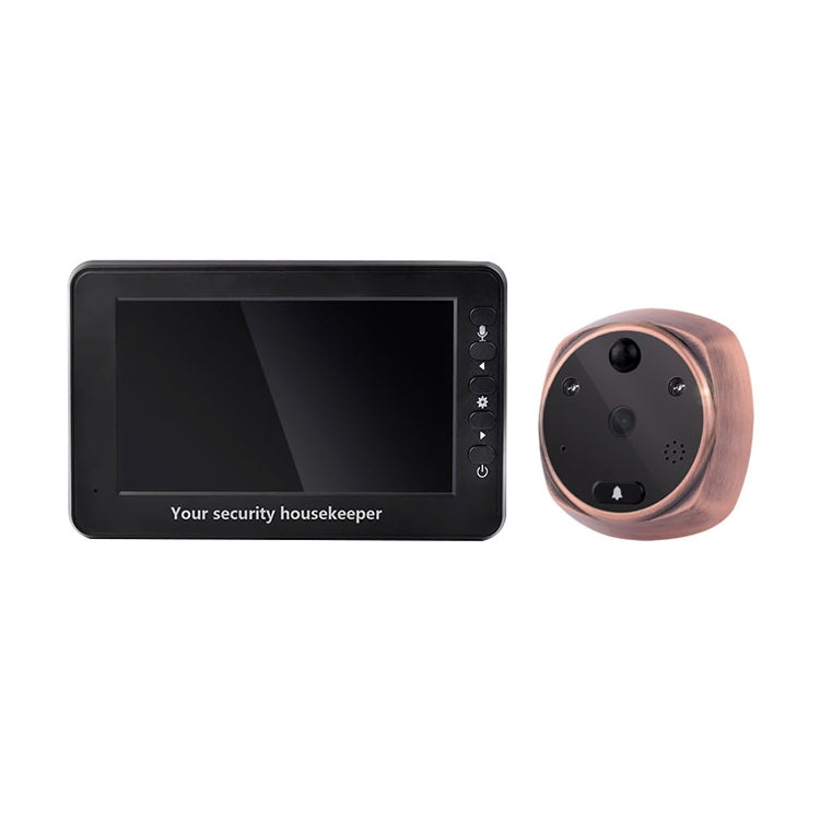 Smart doorbell camera kit showing powered-off 4.3-inch screen and copper outdoor unit