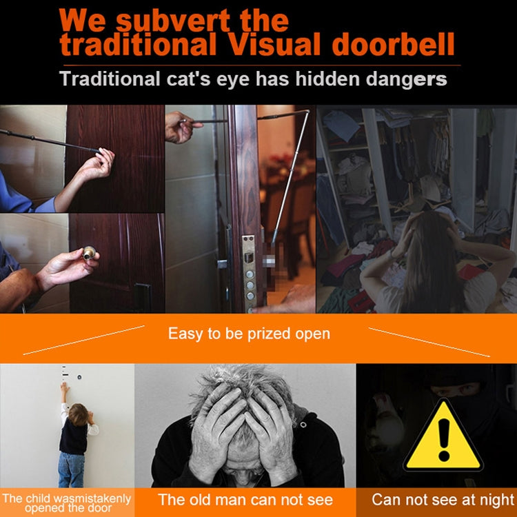 Smart doorbell security scene with doorway entry and warning alert graphics