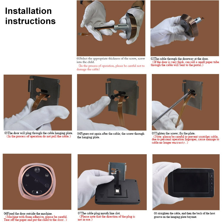 Installation instructions showing hands mounting the smart doorbell camera components