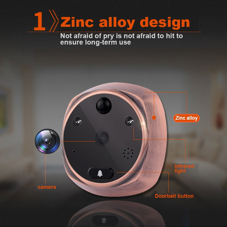 Copper smart doorbell camera with visible lens, infrared window, and doorbell button