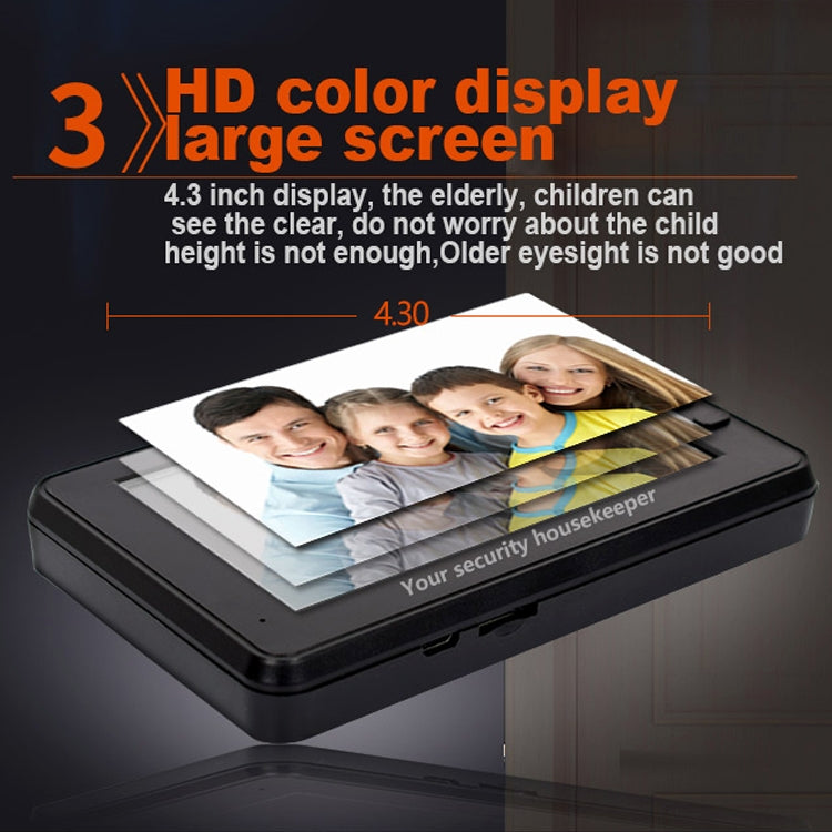 Black 4.3-inch smart doorbell display showing photo thumbnails on screen