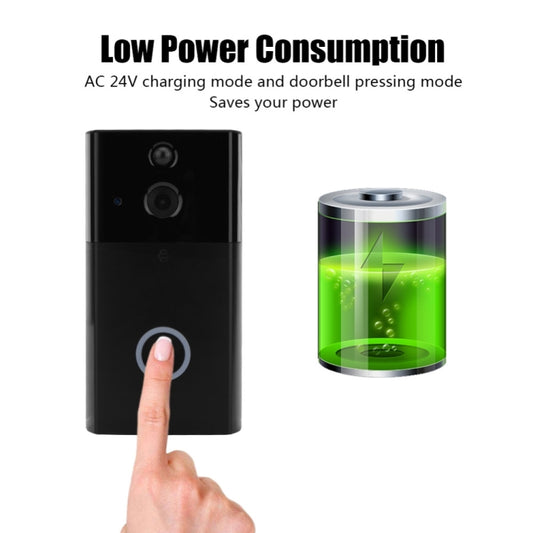 Black video doorbell intercom with camera lenses and circular doorbell button, with power indicator