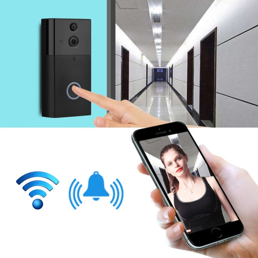 Black smart video doorbell intercom with camera and circular button, shown with phone app control