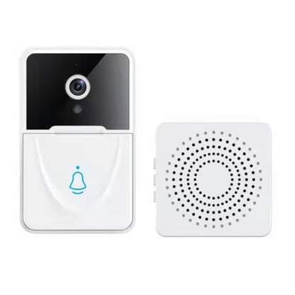 White smart video doorbell with chime, black camera window and blue bell icon.