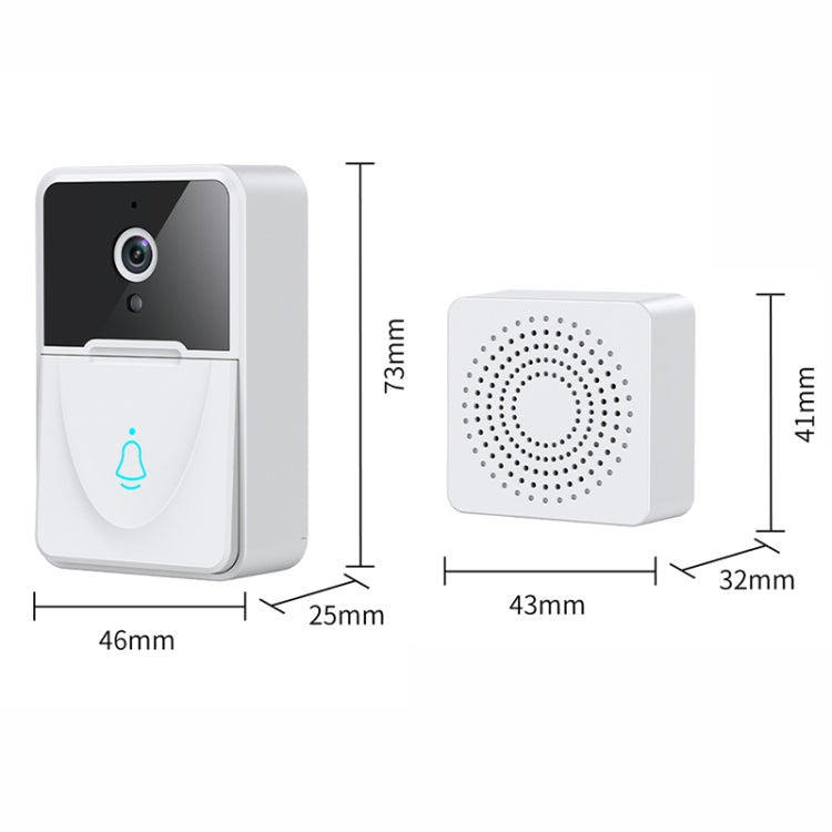 White smart video doorbell and indoor chime, shown with height and width measurements.