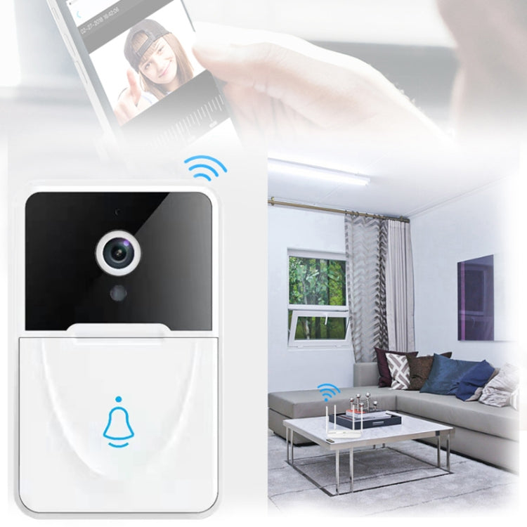 White smart video doorbell with chime, wireless signal indicator shown.