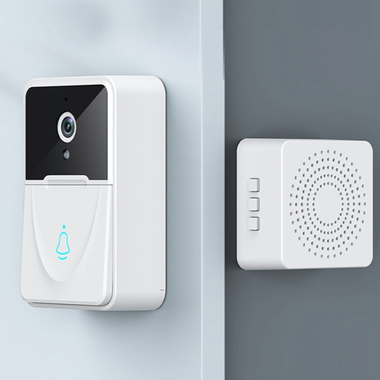 White smart video doorbell and wall chime, black camera panel and speaker grille.