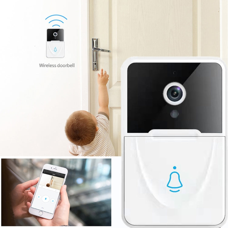 White smart video doorbell with chime, wireless indicator over the door panel.