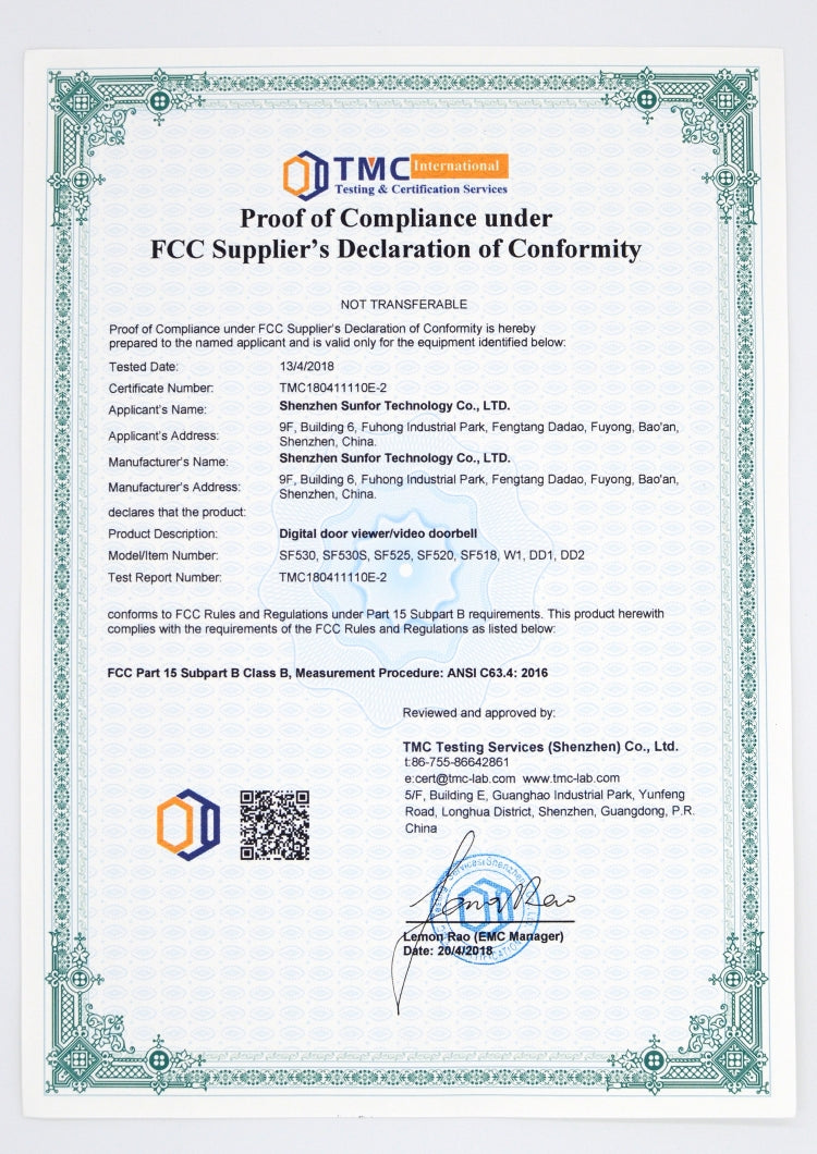 Certificate of compliance document with TMC testing details and FCC supplier declaration