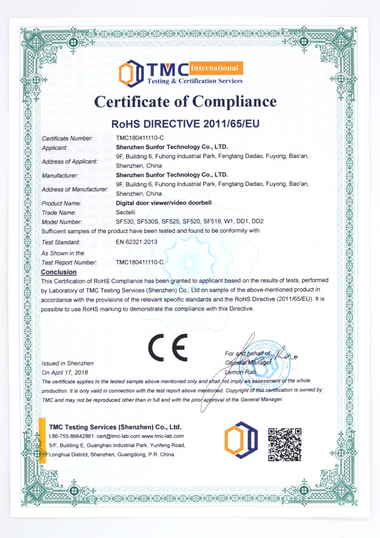 Certificate of compliance RoHS directive document with CE mark and TMC testing details