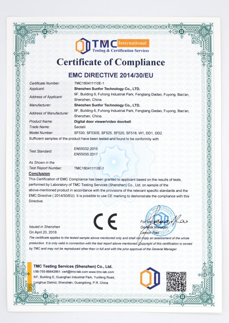 Certificate of compliance document for EMC directive testing, color printed
