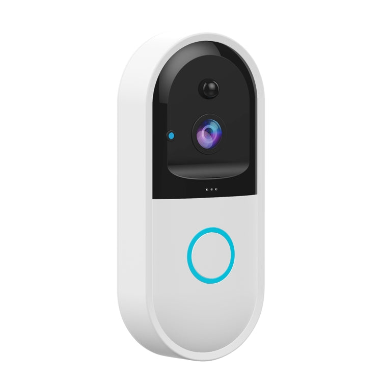 Smart WiFi video doorbell front with black camera window and blue illuminated button ring