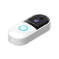 Smart WiFi video doorbell in white with blue-ring button and black camera module, angled view