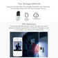 White smart WiFi doorbell with blue ring button, PIR detection spotlight graphic