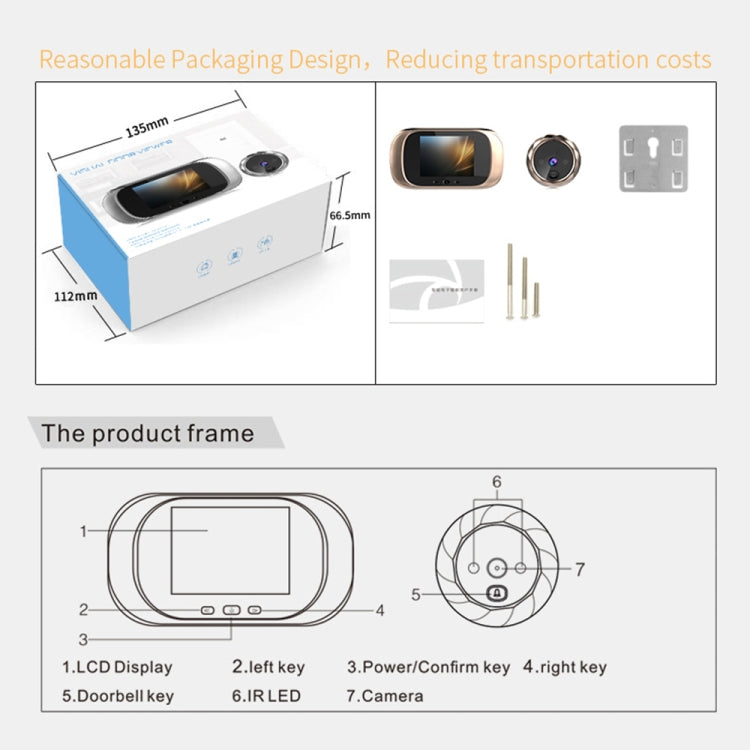 Smart video doorbell camera with 2.8-inch LCD, lens, infrared LEDs, and control keys (diagram view).