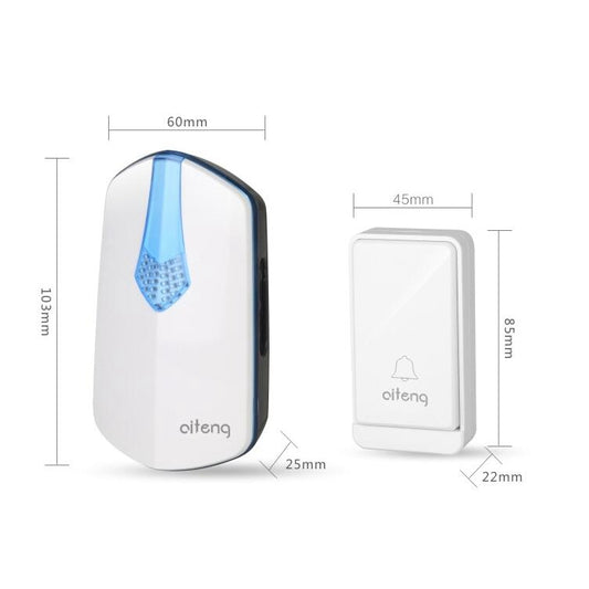 Wireless doorbell chime transmitter and button with size measurements, white