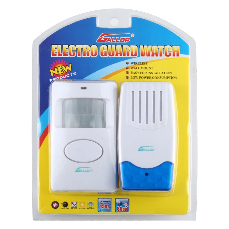 Wireless electro guard watch retail package showing receiver and wall chime, EU plug
