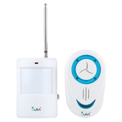 Wireless door chime set with white plug-in receiver and blue sensor chime