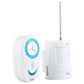 White wireless door chime receiver with long antenna and blue sound sensor unit