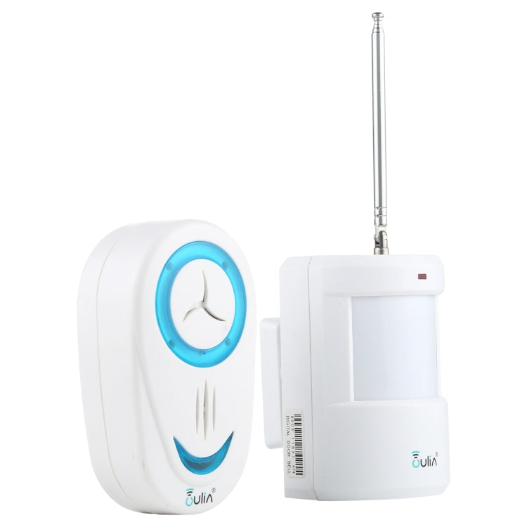 White wireless door chime receiver with long antenna and blue sound sensor unit