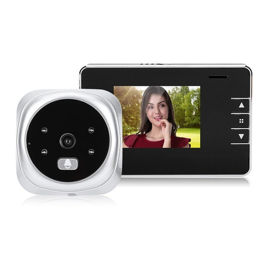 Digital door peephole camera viewer with round silver camera and black monitor screen