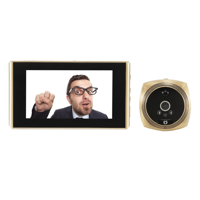 Gold video doorbell with 4.3-inch display screen and round camera unit