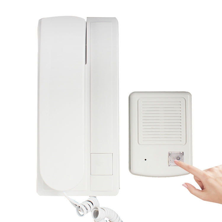 Wired intercom doorbell set with white wall unit and push button, shown with finger