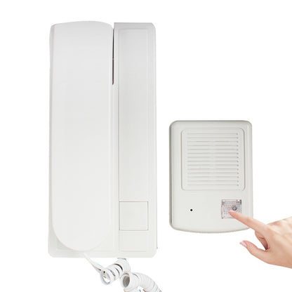 Wired intercom doorbell set with white wall unit and push button, shown with finger