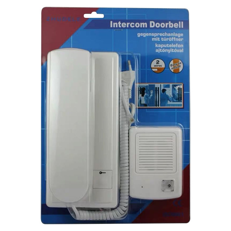 Intercom doorbell wired kit retail package showing white wall unit and handset cord