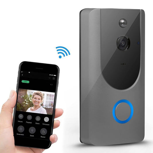 Gray smart Wi-Fi video doorbell with dual camera lenses and blue ring button