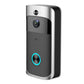 Silver Wi‑Fi video doorbell with camera lens, vent holes, and blue ring button