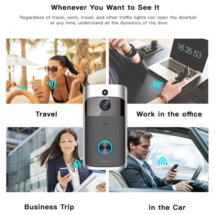 Wi‑Fi video doorbell with blue-ring button, shown with remote phone monitoring.
